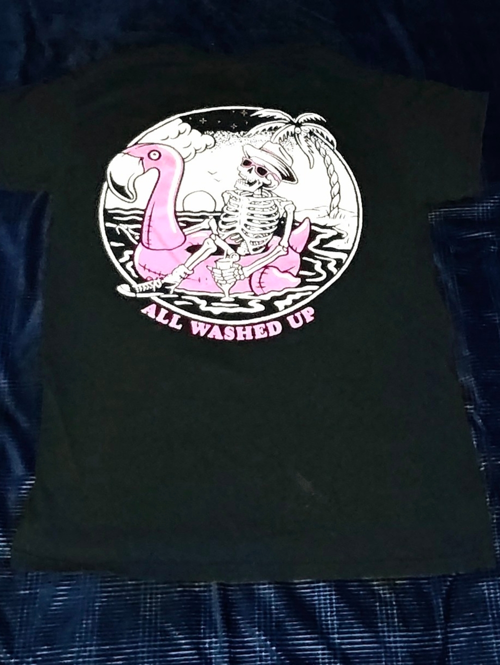 Retrofit Black Tee with Pink Flamingo Skeleton Graphic
